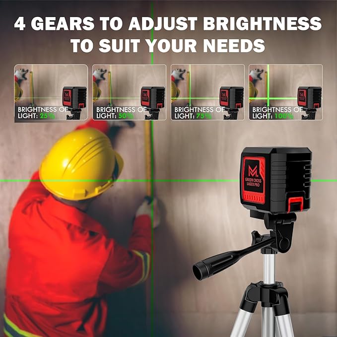 Laser Level with Tripod, 100 feet Green Cross Line Self Rotary Leveling Laser Level, 4 Brightness Adjustment, Manual Self leveling and Pulse Mode,IP54 Waterproof Battery Carrying Bag Included