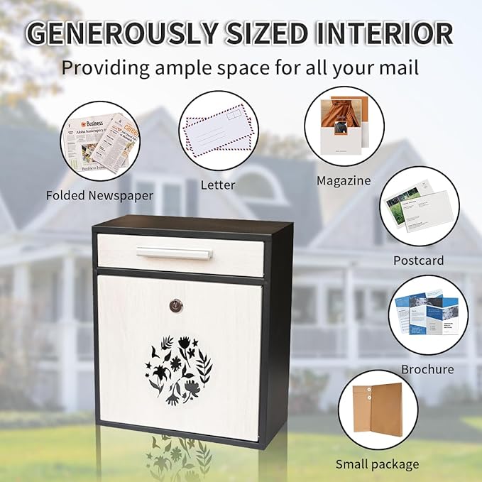 Wall Mount Mailbox, Large Capacity Mailbox for House Outside Galvanized Steel Rust-Proof Metal Post Drop Box, 12"×10.5"×4.7" Flower Hollowed Wooden Patterned Metal Sheet White