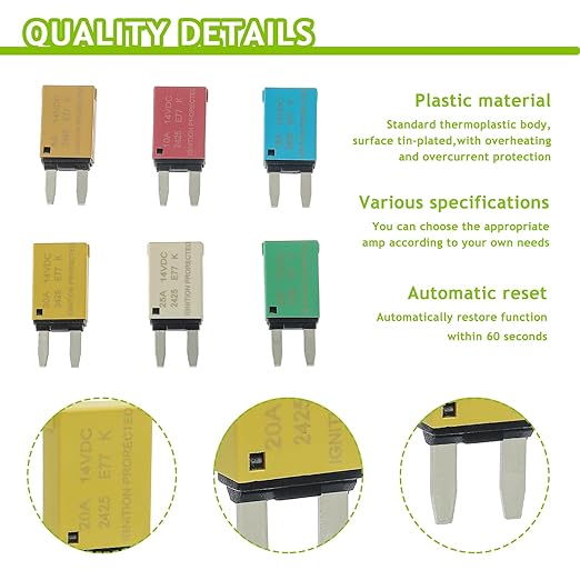 5A 10A 15A 20A 25A 30A DC 12V-14V Auto Reset Circuit Breaker ATM Low Profile T1 Mini Blade Fuses Breakers for Car Trucks Marine Boat RV Solar and More,2 Pack