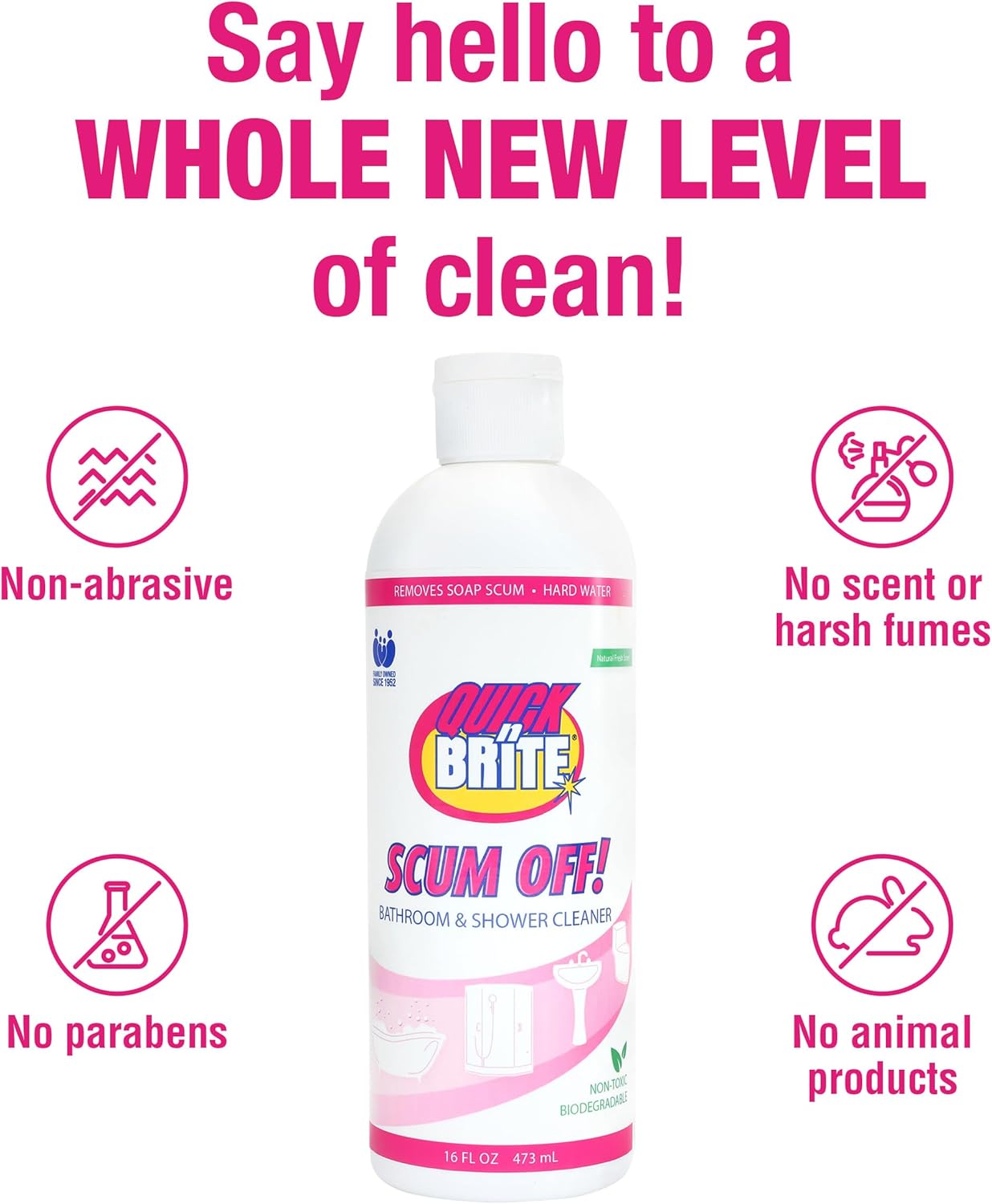 Quick N Brite Scum Off Shower Cleaner - No Scrub, No Harsh Chemical Daily Shower Cleaner, Multi-Surface All-Purpose Cleaner 64 Oz (Packaging May Vary)
