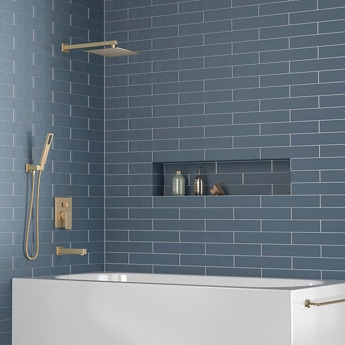 Lava Odoro Modern 3-Setting Square Shower and Tub Faucet Set with Shower Head and Handheld Sprayer Gold, Rainfall Shower System with Tub Spout, Shower Valve Trim Kit, Champagne Gold, SF103-SG-T