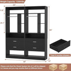 4FT Closet System with 4 Wood Drawers, 48" Closet Organizer System with 10+ Small Shelves & 2 Hanging Rods, Walk-in/Nursery Closet Systems, Set of 2, Black (48" L x 15" W x 80" H)