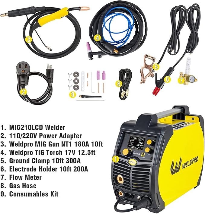 Weldpro 200 Amp MIG210LCD Dual Voltage 110V/220V 5 in 1 Multi-Process MIG/Fluxcore/Lift TIG/MMA Welder Aluminum Spool Gun Capable with Spot Timer and Auto-Set 3 Year Warranty Welding Machine