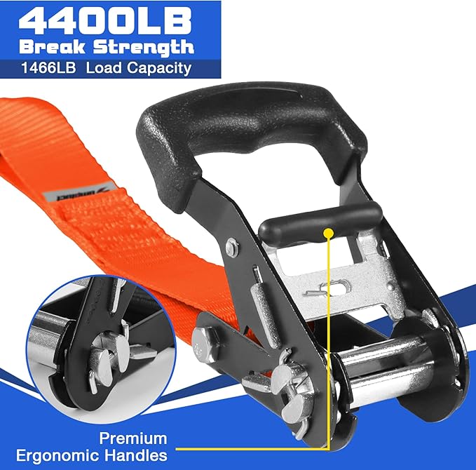 Tie Down Ratchet Straps with S Hooks Heavy Duty 4400 LB 1.5" x10' Lashing Appliance Moving Furniture Tow Rope Wheel, ATV,UTV,Dirt Bikes,Ladder Rack,Trailer,Boat,Truck Bed Accessories for Men Orange