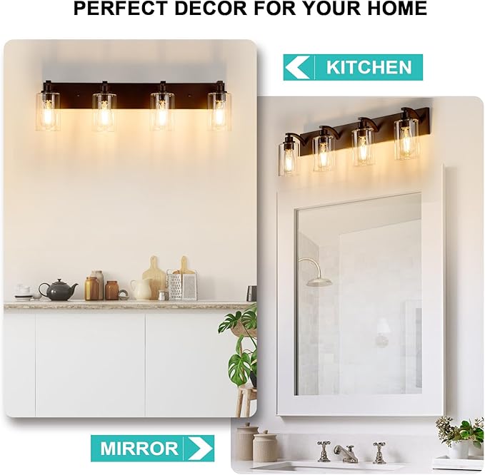 4-Light Bathroom Light Fixtures Modern ORB Vanity Lights for Bathroom Lighting Fixtures Over Mirror with Clear Glass Shade for Cabinet Mirror Bedroom Hallway