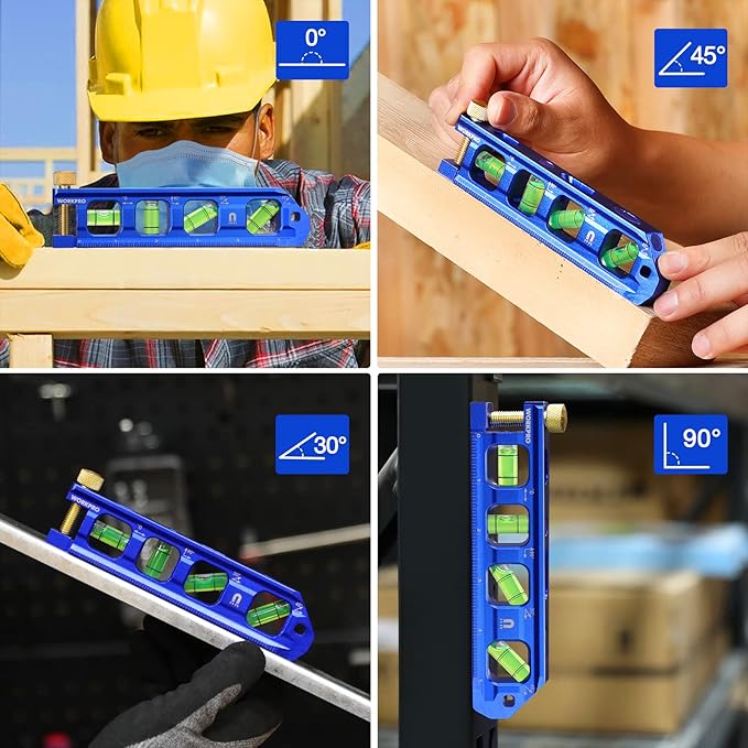 WORKPRO 8-Inch Magnetic Torpedo Level, Aluminum Alloy Construction, 4 Bubble Vials for 0°/90°/45°/30° Measurements, Cobalt Blue