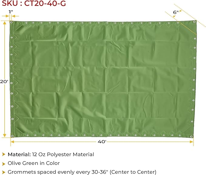 Mytee Products 20' x 40' 12oz Green Canvas Tarp with Grommets - Water Resistant - Heavy Duty Canvas Tarps - Multipurpose Tarpaulin Cover for Canopy Tent, Roof, Camping, Semi Trucks & Cargo