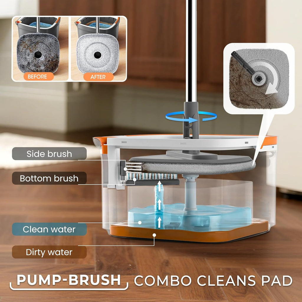 Mop and Bucket Set, Spin Mop with Separate Dirty Water System, Deep-Cleaning Mops for Floors, Versatile Mops for Walls