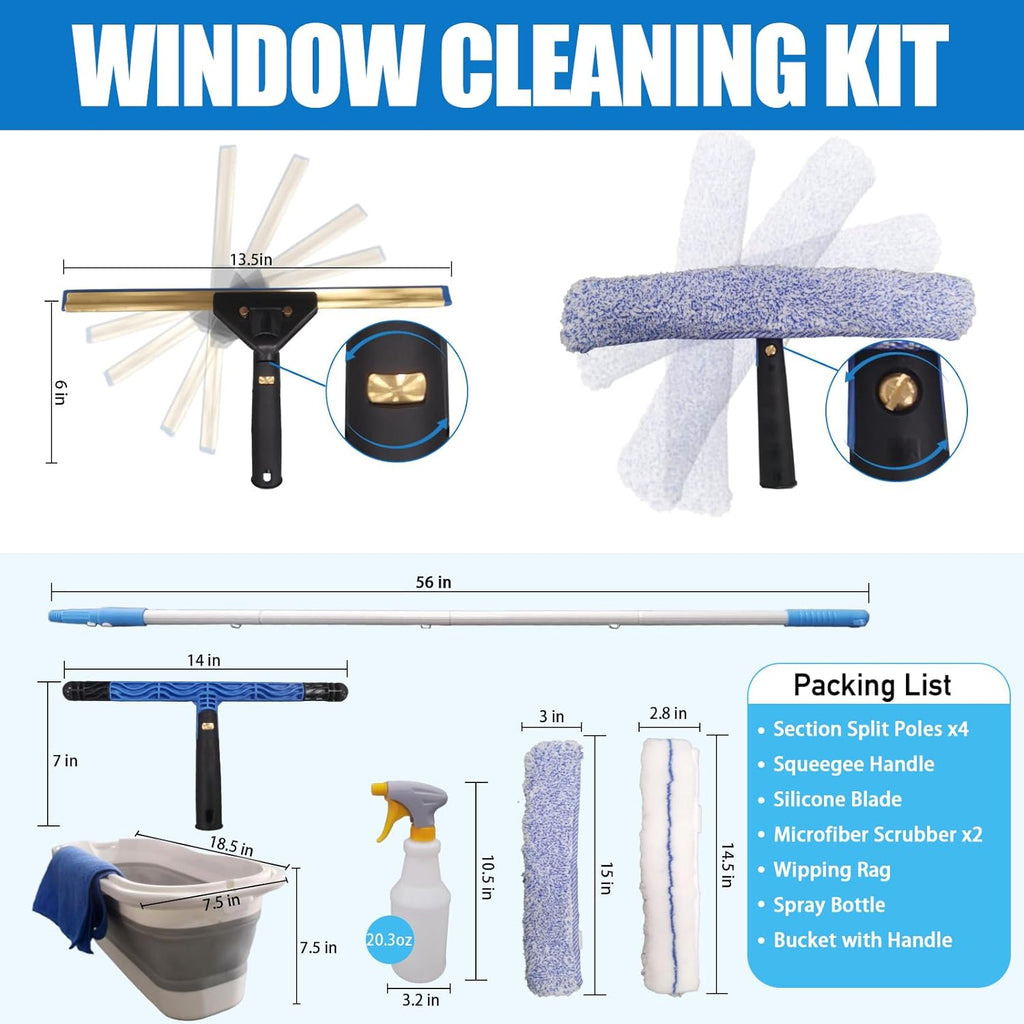Window Cleaning Kit with Storage Bucket,Window Washing Kit with 4.5Ft Extension Pole,Scrubber,Spray Bottle,Duster Cloth,Squeegee with Rotating Head,Professional Window Cleaning Squeegee Kit
