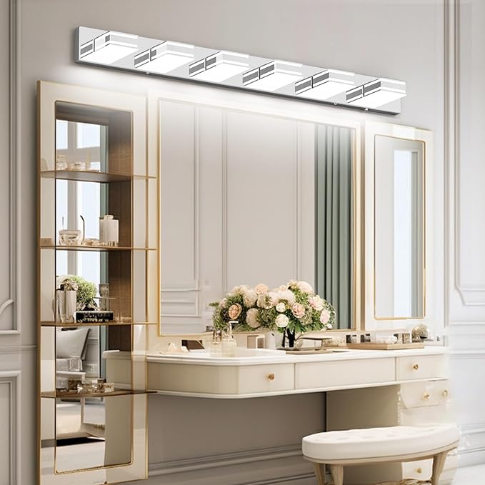 Ralbay 48inch Chrome Vanity Light for Bathroom with 5 Color Temperatures (3000K-6000K) Dimmable Stainless Steel Acrylic LED Modern Chrome Bathroom Light Fixtures (6-Light)