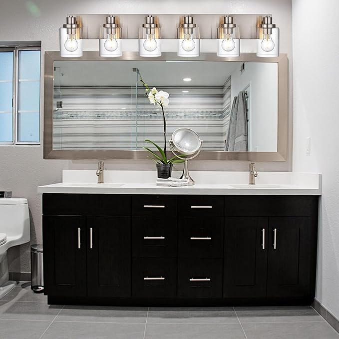 6 Light Vanity Light Brushed Nickel Bathroom Lighting Fixtures Over Mirror, Modern Bathroom Light with Clear Glass Shade, Farmhouse Vanity Lights
