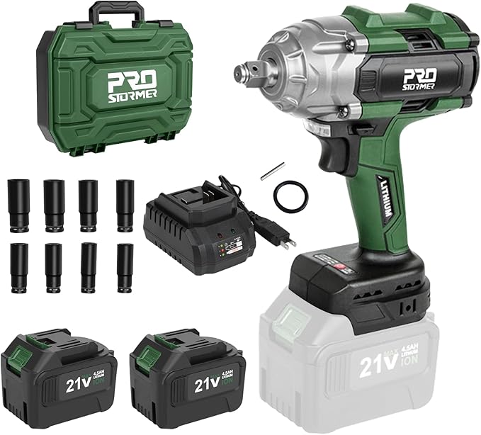 Prostormer 800N.m(580Ft-lbs) Cordless Impact Wrench, 1/2" Brushless High Torque Impact Gun Kit for Car Home, 2x4.5Ah Rechargable Batteries, Charger & 8 Sockets