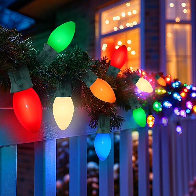 25FT C7 Christmas Decorations Lights, Vintage Christmas Lights String, Multicolor Christmas Tree Lights, Xmas Light for Outdoor Indoor Holiday Decorations with 27 Colorful Ceramic Bulbs (2 Spare Bulb)