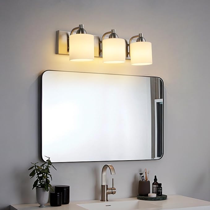 Stainless Steel Milk Glass Bathroom Vanity Light Over Mirror, 3 Light Brushed Nickel Bathroom Light Fixtures with Frosted Glass, Modern Vanity Lighting Wall Mount