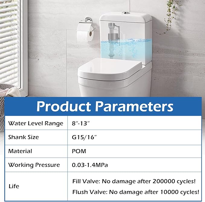16 Pieces Adjustable Toilet Fill Valve Replacement Kit with Gloves, Quiet Toilet Flush Valve for Tank and Bowl, Universal Toilet Valve Replacement Set (8–13 in, G15/16")