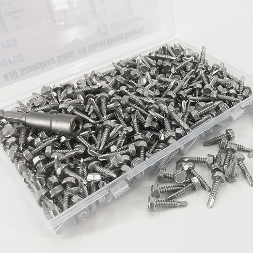 QSJ 390PCS #8 x 3/4'' Sheet Metal Screws 410 Stainless Steel Hex Washer Head Fast Self Tapping Screws with Screwdriver Bit Silver