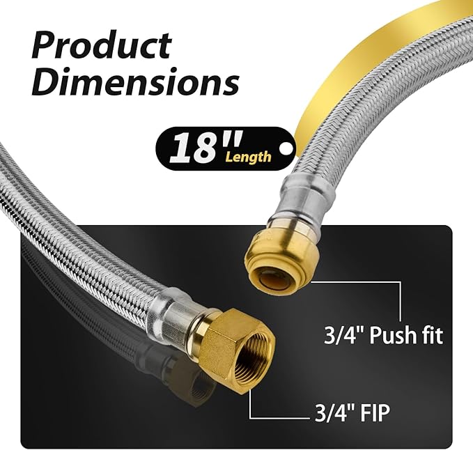 30 Pack Foskan 18-Inch Flexible Water Heater Connector Hose,with 3/4" Push-Fit x 3/4" FIP,Compatible with Copper, PEX, CPVC, and PE-RT Pipes for Water and Heating Use（18" Length）