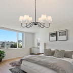 Vintage Chandelier Farmhouse Chandelier for Dining Room - 6 Lights 35.8" Modern Light Fixture, Adjustable Pendant Lighting for Living Room Hallway Bedroom Foyer Black with White Fabric Shade