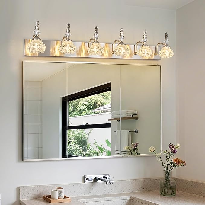 Modern Glass Crystal Vanity Light - Vintage Bathroom Lighting Fixtures Over Mirror, 6 Light Vanity Lights G9 Bulb (43.3 Inch, Nickel)
