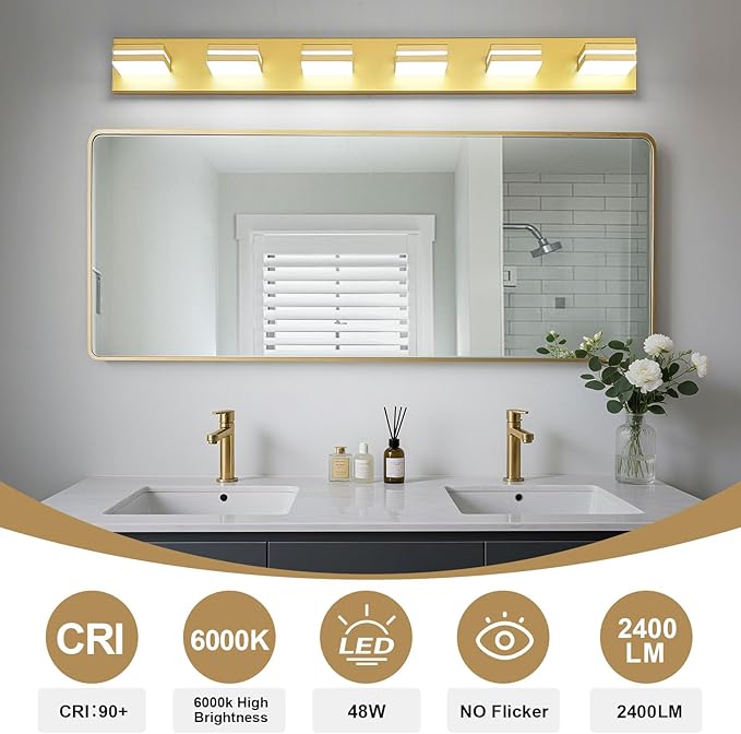 Modern LED Bathroom Lights Fixtures(6-Light),Metal Gold Acrylic Wall Lighting,Vanity Lights for Bathroom Over Mirror(6000k 41In