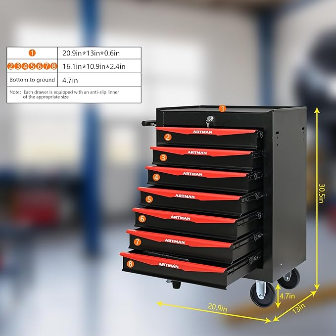 7-Drawer Steel Rolling Tool Cart with Wheels & Handle, Heavy-Duty Tool Chest Storage Cabinet for Garage and Workshop