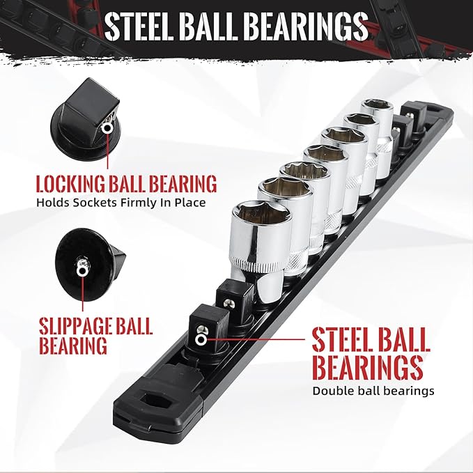 Magnetic Socket Organizer, 6-Piece Heavty Duty Aluminum Socket Holder, Socket Rail for Tool Box, Premium Quality 360° Swivel Socket Rack Kit with 80 Clips for 1/2, 3/8, 1/4-Inch(Red&Black)