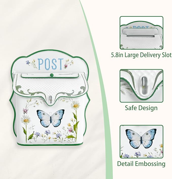 Mailbox Wall Mount Mailboxes for Outside Vintage Mail Boxes for House Outside Metal Drop Box Antique Style Nostalgic Charm Home Decorative, Butterfly Pattern, White