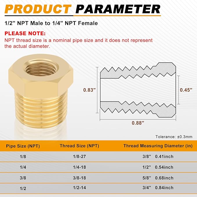 KOOTANS 4pcs Heavy Duty 1/2 NPT Male Thread to 1/4 NPT Female Thread Brass Reducer Hex Bushing Brass Fitting Pipe Hose Tube Adapter Convert