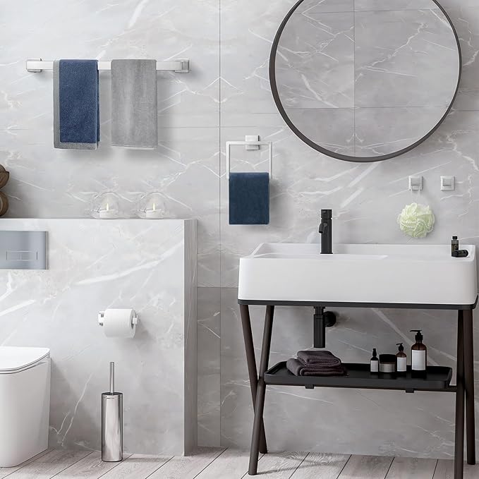 Bathroom Accessory Towel Bar Set: 5 Pieces Brushed Nickel Square Bathroom Hardware SUS304 Stainless Steel - 24 Inch Wall Mounted Towel Rack&Toilet Paper Holder&Towel Ring and Towel Hook