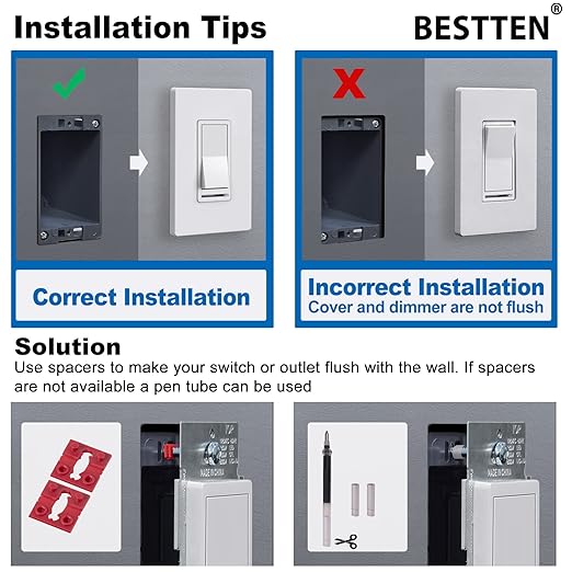 BESTTEN 10 Pack Dimmer Wall Light Switch, Compatible with Dimmable LED, CFL, Incandescent and Halogen Bulb, Single Pole or 3-Way Dimmer Switches, 120VAC, Decorator Wallplate Included, Gray