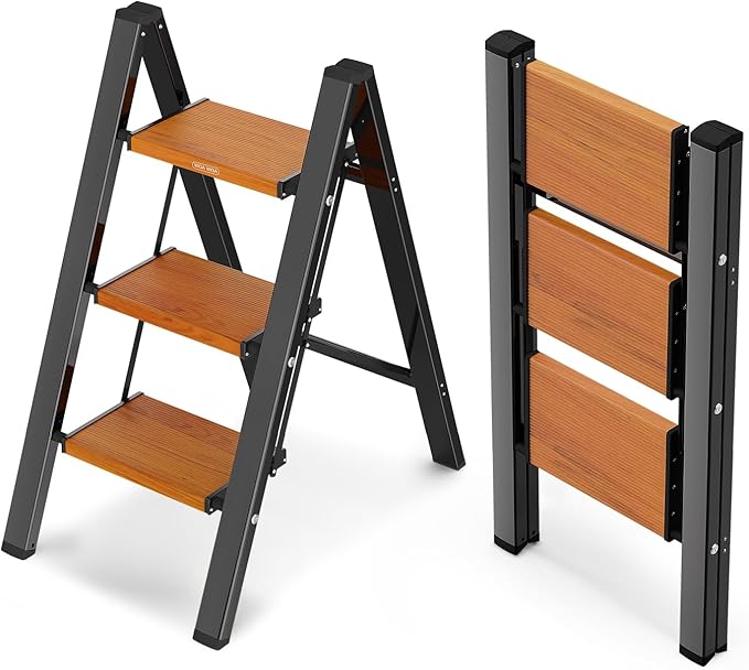 WOA WOA Step Ladder with Widened Pedals, Folding Step Stool with Anti-Slip Feet, Portable Home Ladder for Adults, Kitchen Small Stepladder 300 lbs Capacity (3 Step, Black & Wood Grain)