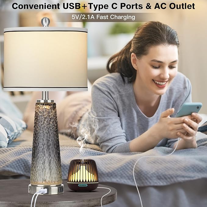 Glass Table Lamp Set of 2, 26" Modern Table Lamps with USB A+C Ports & AC Outlet, Touch Control Bedside Nightstand Lamp with LED Night Light for Living Room Bedroom Home Decor Black(4 Bulbs Included)