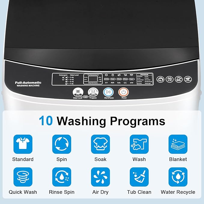 2.0 Cu.Ft Portable Washing Machine, Full-Automatic Electric Laundry Machine with 10 Programs, Compact Clothes Wash and Spin Combo with Stainless Steel Drum, Drain Hose for Apartment, Dorm,Home