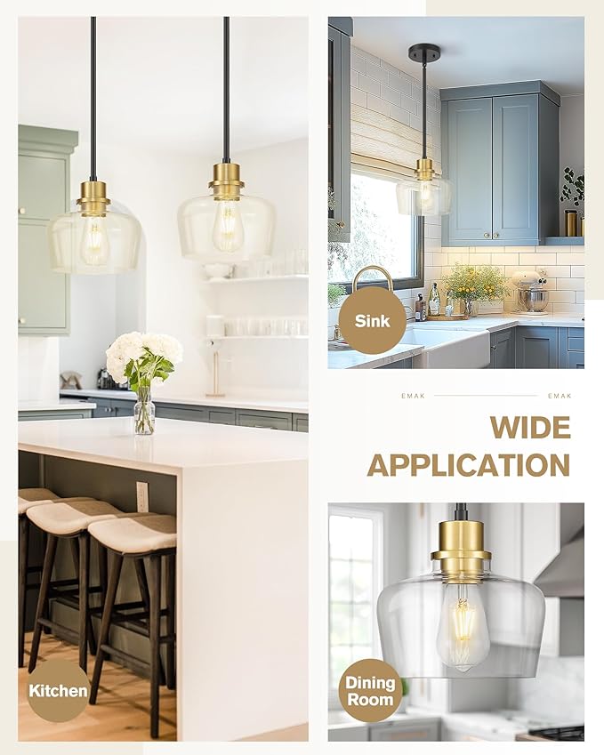 Emak 8 Inch Modern Pendant Lights Kitchen Island, Farmhouse Black and Gold Pendant Light Fixtures with Clear Glass Shade for Kitchen, Bedroom, Dining Room, PL122-BKBGD-CG