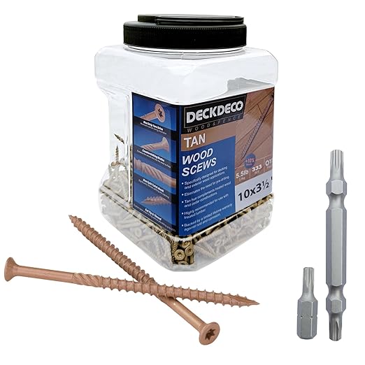 Wood Screws #10 x 3-1/2" 314pcs(Approx), Tan Ruspert Coating Exterior Deck Screws, Torx/Star Drive Flat Head,Twist Shank, Cut Tip/Thread, Bit Included, 5.5 lb/Box