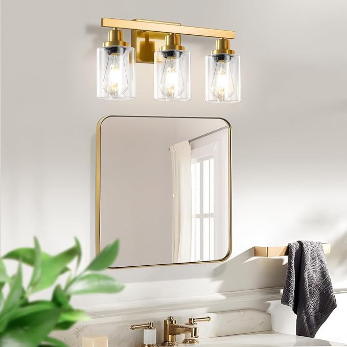 3 Light Gold Bathroom Light Fixtures, Bathroom Vanity Light Over Mirror, Gold Wall Sconce Vanity Lighting with Clear Glass Shade,Modern Farmhouse Bath Wall Lamp for Mirror Kitchen