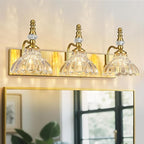 Vintage Bathroom Vanity Light, 3-Light Gold Vanity Lighting Fixture with Flower Glass Shade, Bathroom Lighting Fixtures Over Mirror