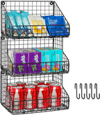 X-cosrack 3-Tier Stackable Detachable Snack Organizer (Large Size), Countertop Display/Wall Mounted Shelf with 5 Hooks Wire Basket Snack Shelf for Office Cabinets, Kitchen, Pantry, 11.8x7.8x22 Inch