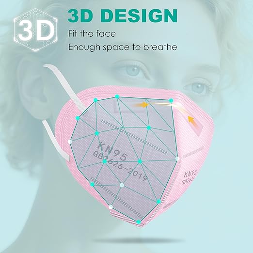 LEMENT KN95 Face Masks,50 Pack 5-Ply Breathable Cup Dust Disposable Masks For Adults,Pink