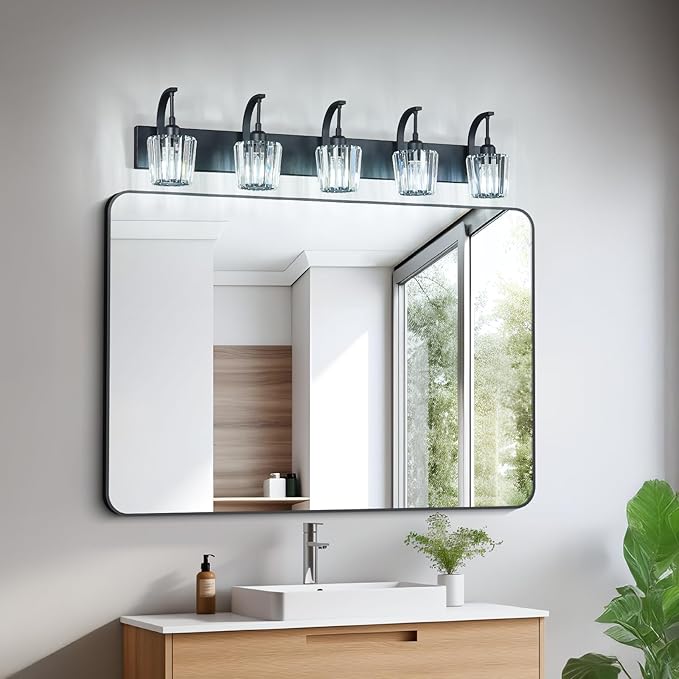 Modern Bathroom Vanity Light, 5-Light Black Wall Sconce with Crystal Accents, Over Mirror Bathroom Lighting Fixture, 42.51" Long Dimmable Vanity Lamp for Makeup, Easy Installation