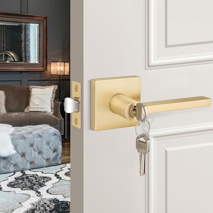 6 Pack Gold Door Handle - Keyed Different, Entry Door Lock with Keys for Living Room or Bedroom, Satin Brass Interior Door Knob with Keys