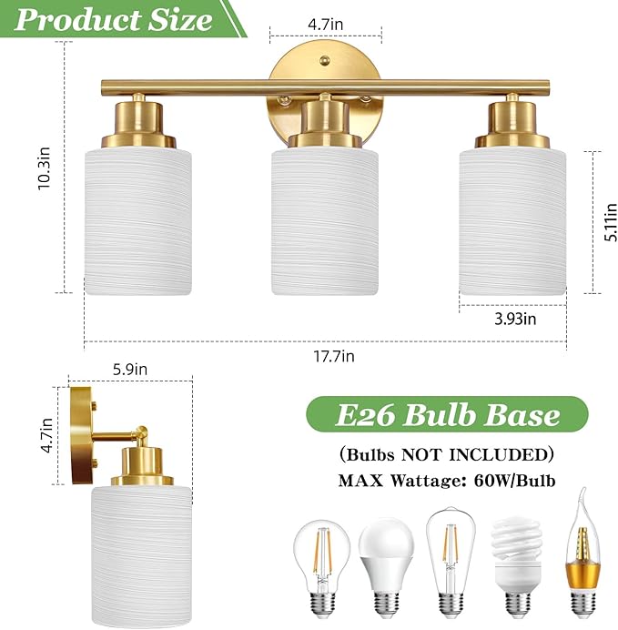 3-Light Bathroom Light Fixtures, Vanity Lights for Mirror with Textured Milky White Glass Shade, Modern Kitchen Light Fixtures Wall Sconce Light - E26 Base - Brushed Gold