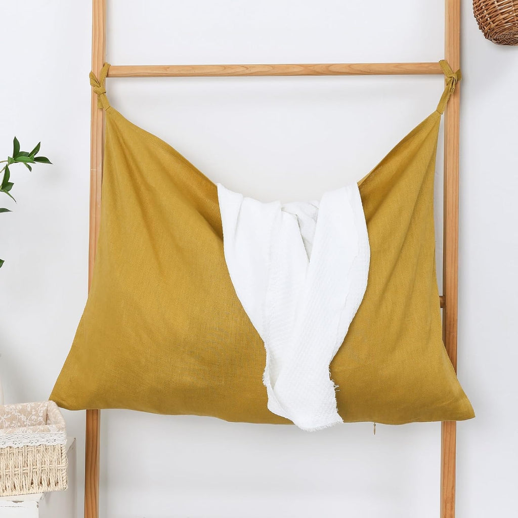 Hanging Linen Laundry Bag, 100% Pure Flax Linen Over The Door Hamper with Bottom Zipper for Laundry Room, Household Dirty Cloth Storage Organizer Bag, Turmeric