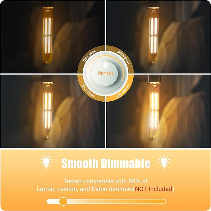 8.9IN LED Light Bulbs E26 Base, 6W 800LM 2700K Soft White T10 T9 Vintage Edison Bulbs Dimmable, AC 120V Equal 80 Watt Clear Glass Long Tubular Filament Bulb, UL Listed - 4Pack