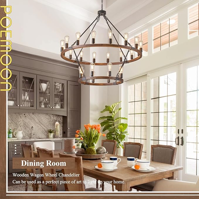 2 Tier Wooden Wagon Wheel Chandelier 43.3'' Farmhouse 24 Lights(16+8) Black Rustic Light Fixture 2-Story Round Wood Chandelier for High Ceiling Living Dining Room Foyer Villa
