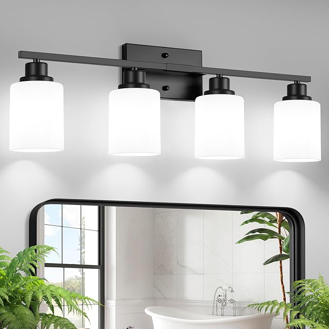 Ascher Bathroom Light Fixtures, 4-Light Vanity Light Over Mirror, Matte Black Wall Sconces with Milky White Frosted Glass Shades, Wall Lamp for Living Room Bedroom, E26 Base(Bulbs Not Included)
