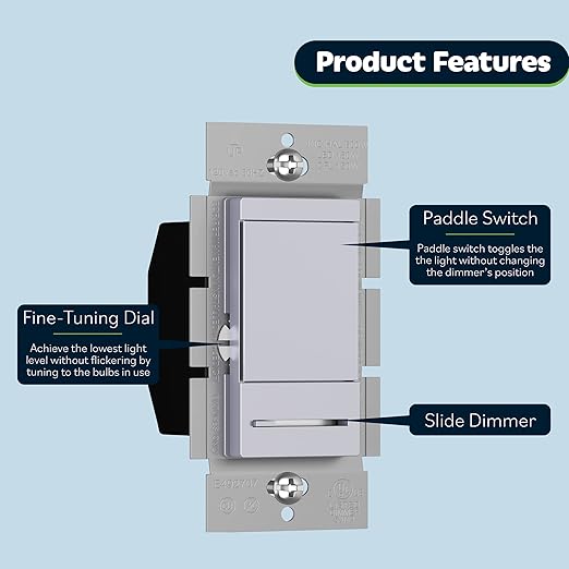 TOPGREENER Dimmer Switch with Light Adjustment Slider, Single Pole or 3 Way, 150W LED, 600W Incandescent/Halogen, 120V 60Hz, UL Listed, TGDMDS-120-SV, Silver