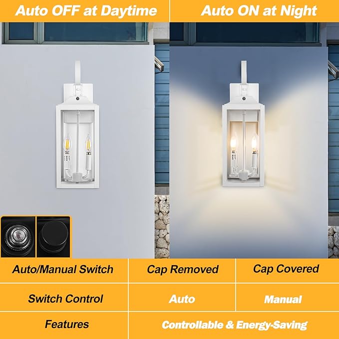 White Dusk to Dawn Outdoor Wall Lantern 2-Light, 19" Large Outside Modern Wall Sconce Light Fixture, Industrial Porch Light Wall Mount with Glass, Waterproof Farmhouse Exterior Lamp Lighting