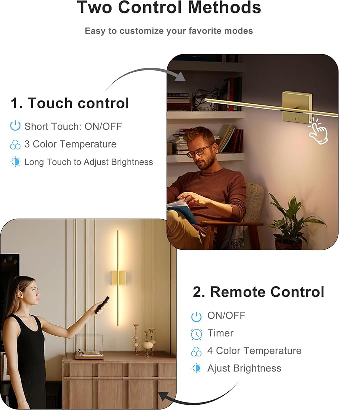 Battery Operated Wall Sconce Set of Two: Wireless Rechargeable Wall Lights with Touch and Remote Control, 360°Rotatable 4CCT Dimmable Cordless Sconces Decor Gold Scone for TV Wall Bedroom Hallway