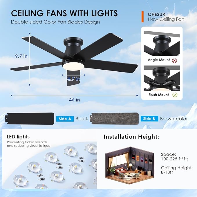 46" Black Flush Mount Ceiling Fans - Low Profile Ceiling Fan Light with Remote/App, 6 Wind Speeds and 3CCT Dimmable, Modern Indoor/Outdoor Fan Light Fixture
